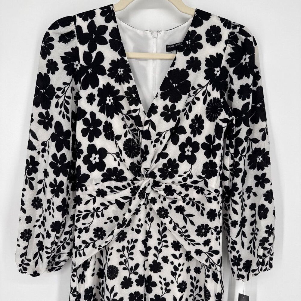 MAGGY LONDON Size 0 Black And White Floral Twist Front Midi Dress NWT - Picture 8 of 14